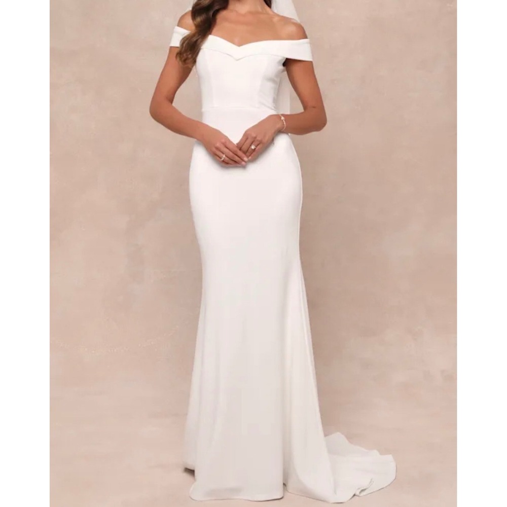 Lulus Arienne White Off-the-Shoulder Mermaid Maxi Wedding Dress Small NWT